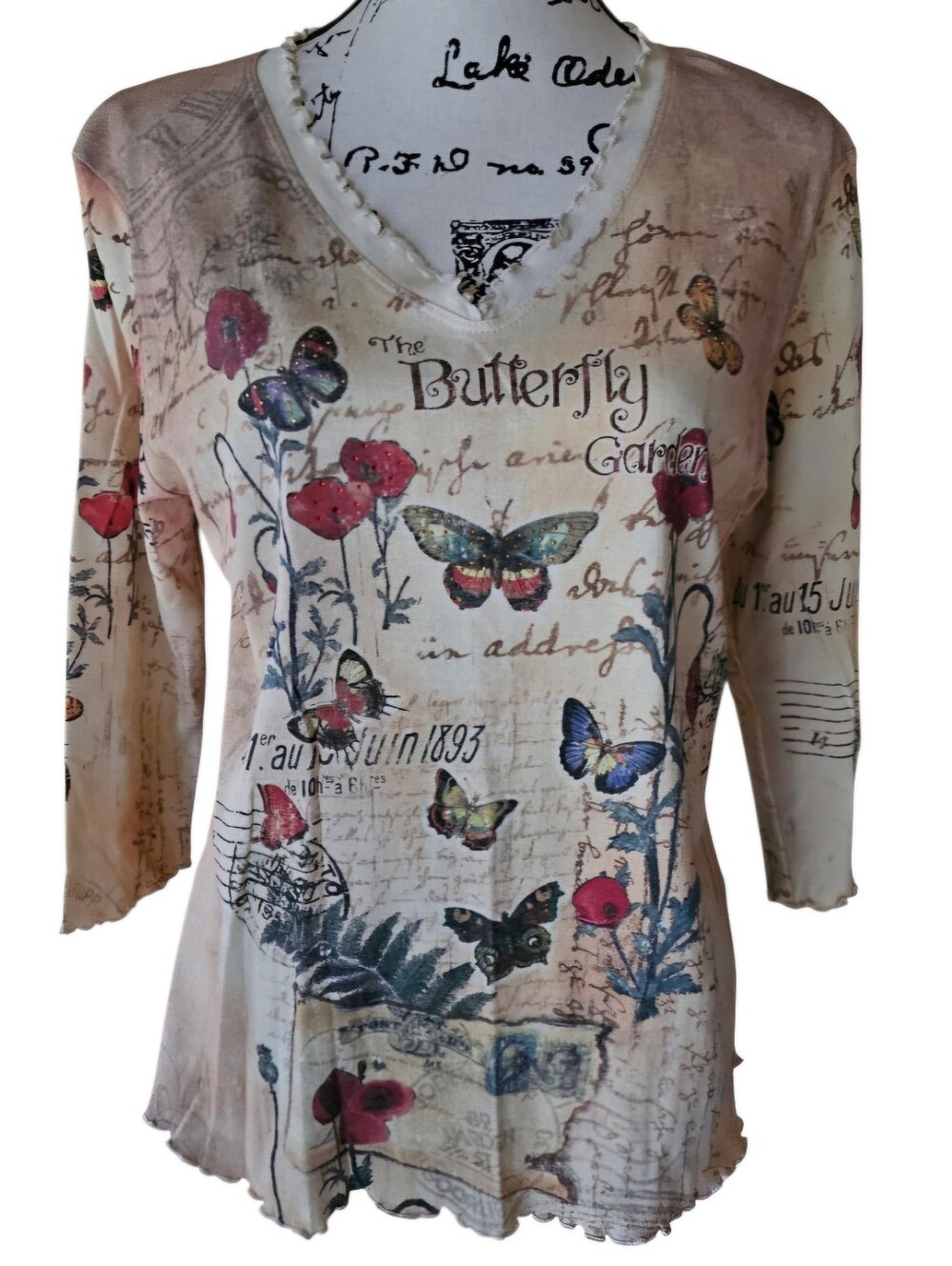 Cactus Cream Butterfly Garden V-Neck Long Sleeve Top